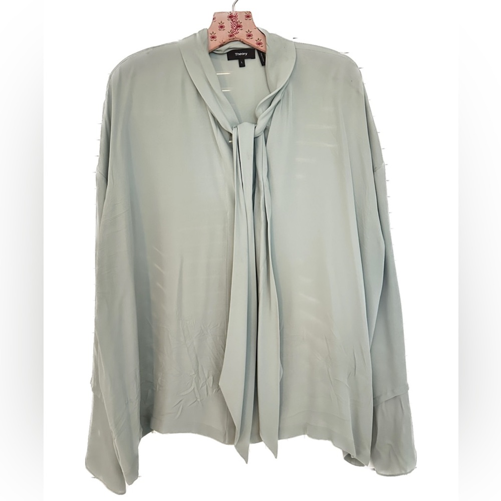 THEORY Tie Neck Blouse | L | Sea Foam Green